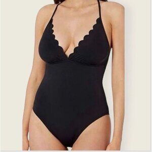 La Blanca Scalloped Swimsuit 6 Black V Neck Lattice Corset Back Swim Pool EUC